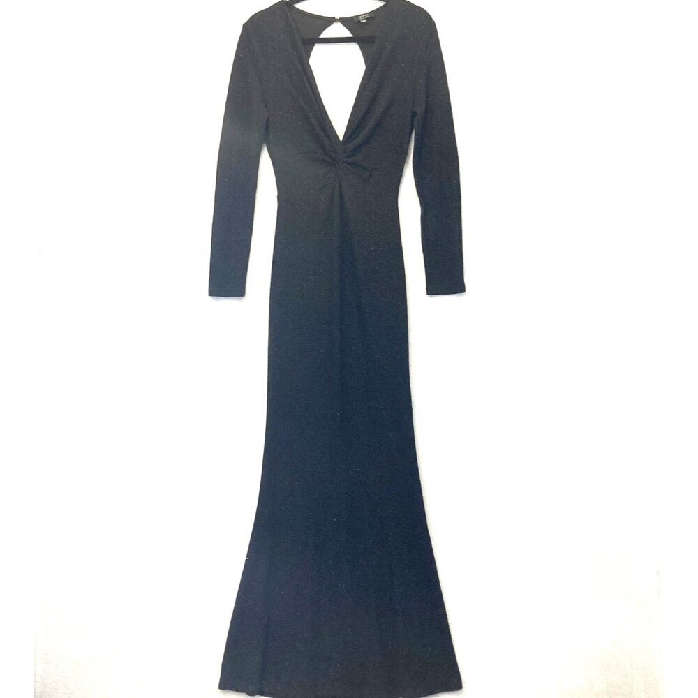 Privy Vintage Y2K Black Sparkly Long Sleeve Evening Gown Cut Out Maxi Dress M